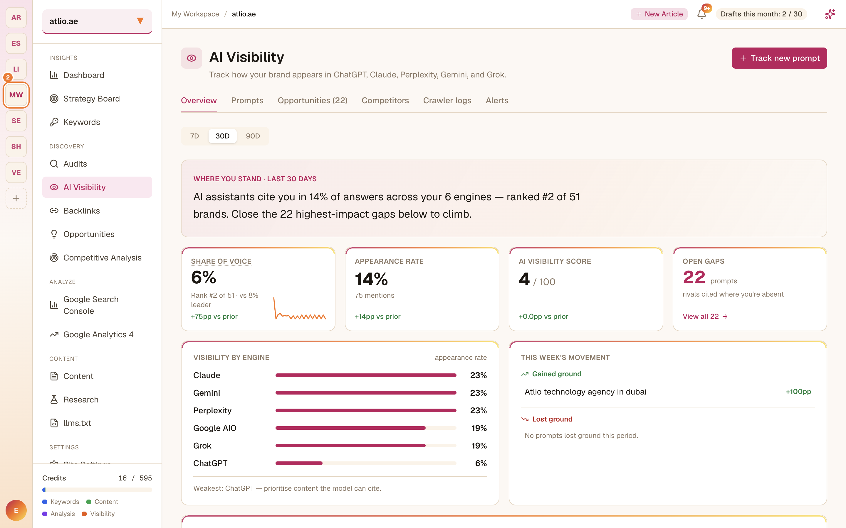 The AI Visibility overview with share of voice, appearance rate, score, and open gaps