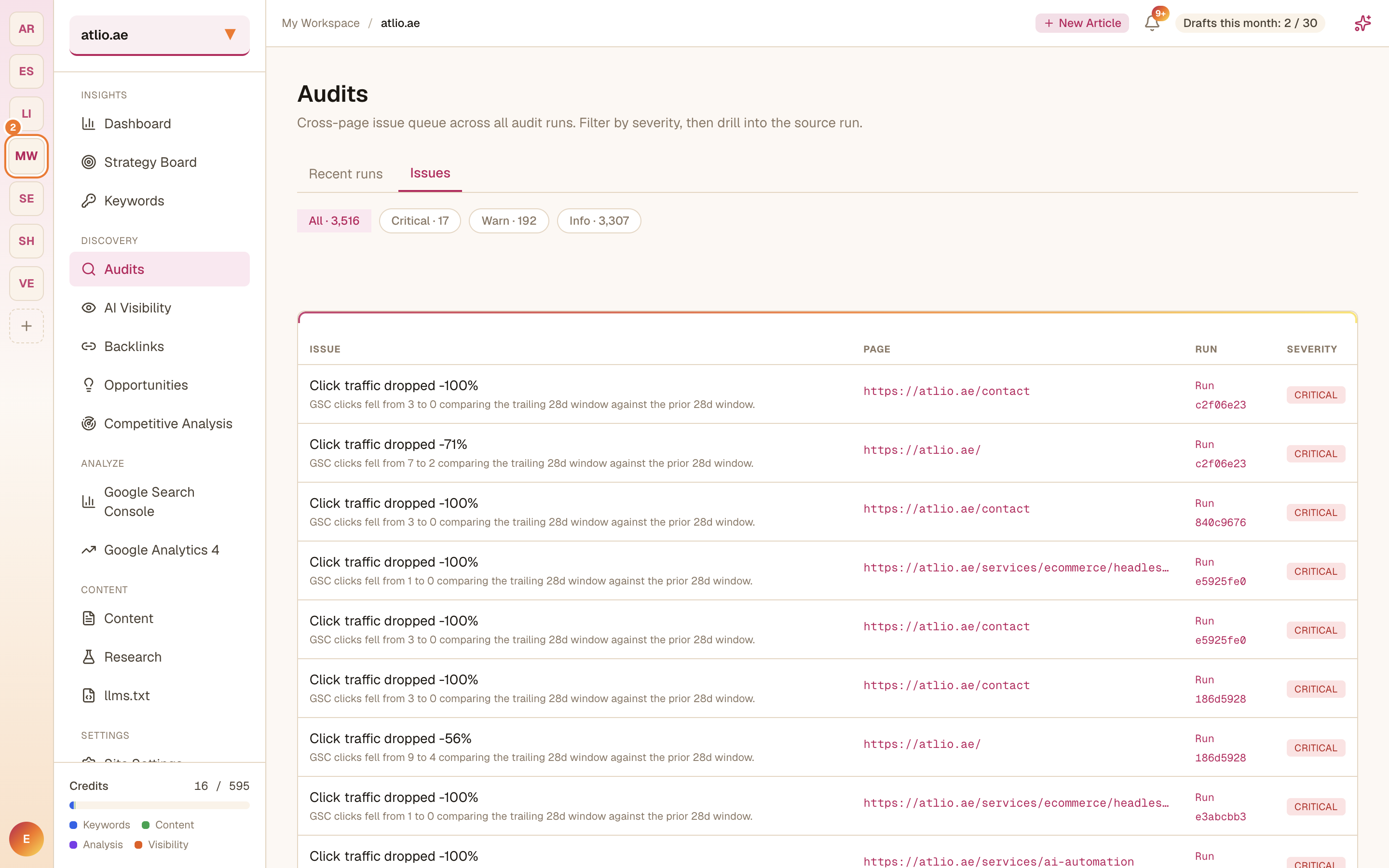 The Issues queue filtered by severity, with page and source run